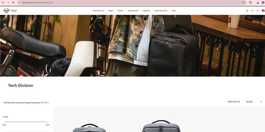 screenshot of Tech Focused Herschel Backpacks